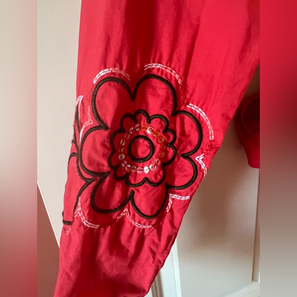 Oilily Red Embroidered Wrap Top with Multicolor Floral Accents - Picture 6 of 8